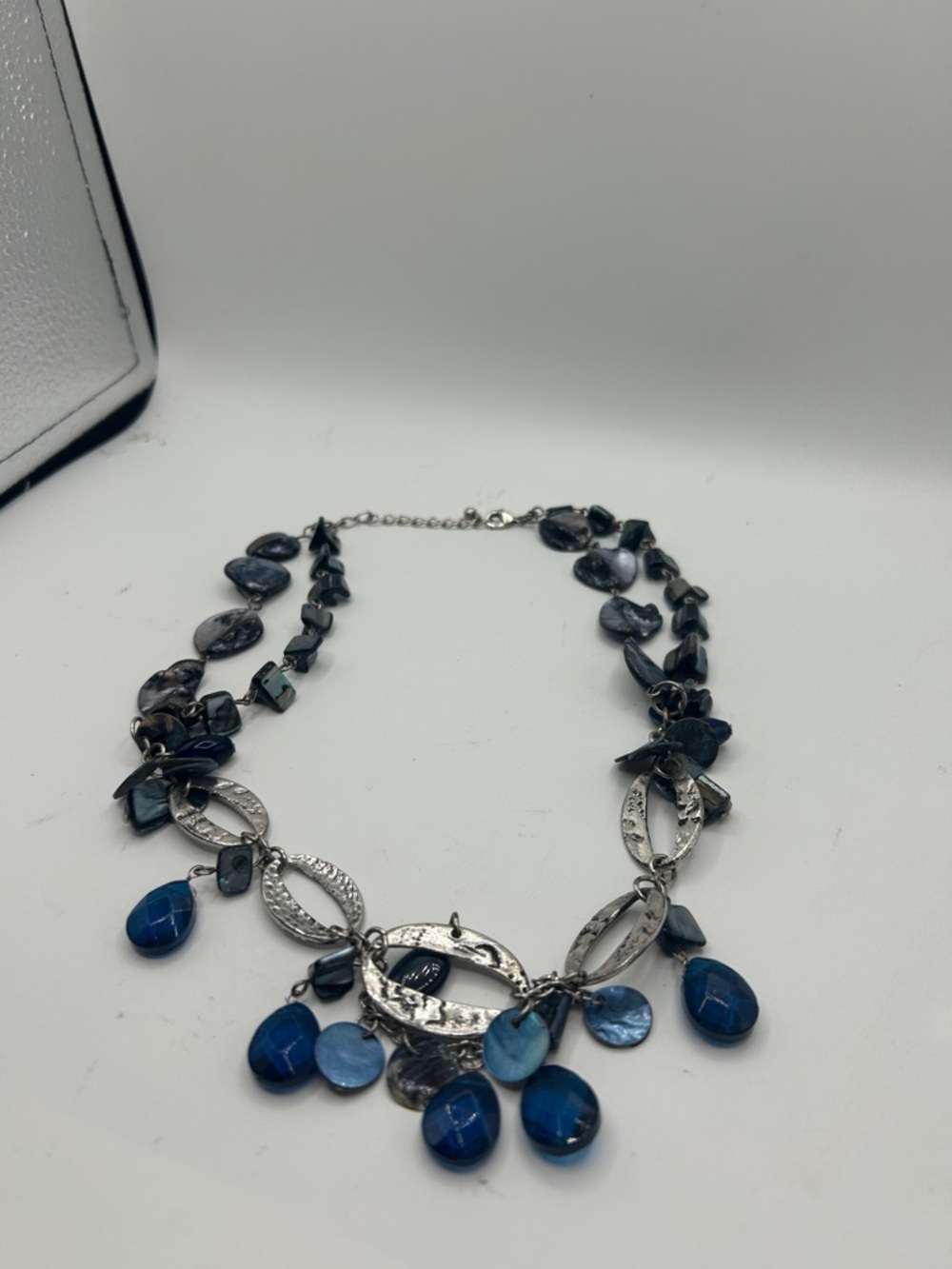 Vintage Blue & Silver Shell Drop Necklace - Women Jewelry